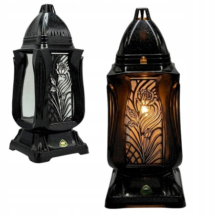 Szklany znicz kapliczka róża czarno-srebrny 31 cm