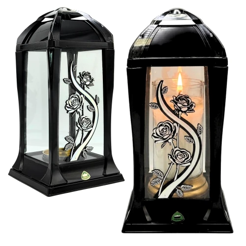 znicz kapliczka czarno-srebrna z motywem róży