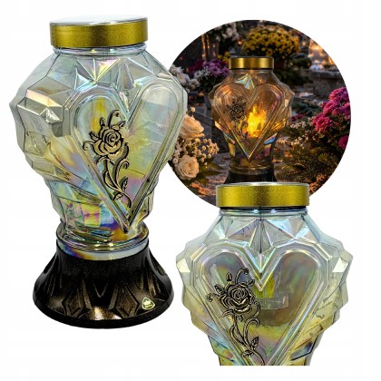 Duży znicz solarny LED serce z różą ciepłe światło 33 cm