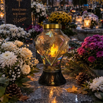 Szklany znicz solarny LED w kształcie serca