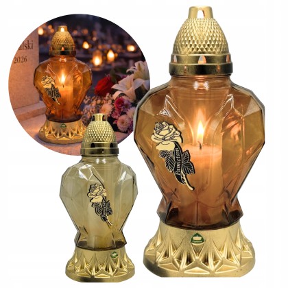 Złoty znicz lampion serce 3D z różą 31 cm z wkładem parafinowym