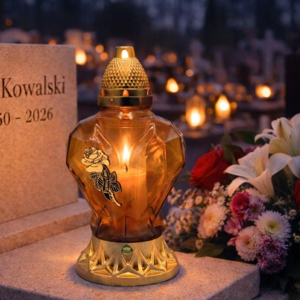 Szklany złoty znicz z motywem serca 3D i róży