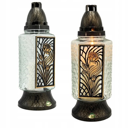 znicz szklany z ażurową tabliczką ze złotą różą