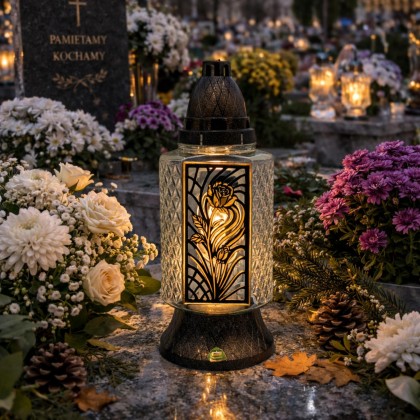Znicz szklany czarno-złoty z różą – elegancki lampion na grób