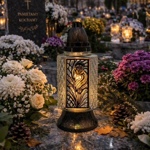 Znicz szklany czarno-złoty z różą – elegancki lampion na grób