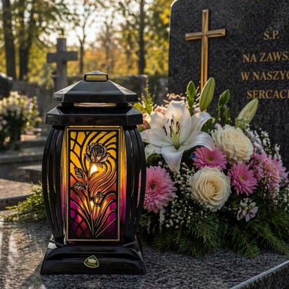 Znicz szklany z różą 24 cm kolorowe szkło z wkładem