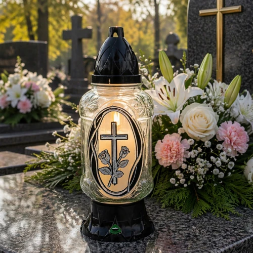 znicz parafinowy ze srebrnym krzyżem
