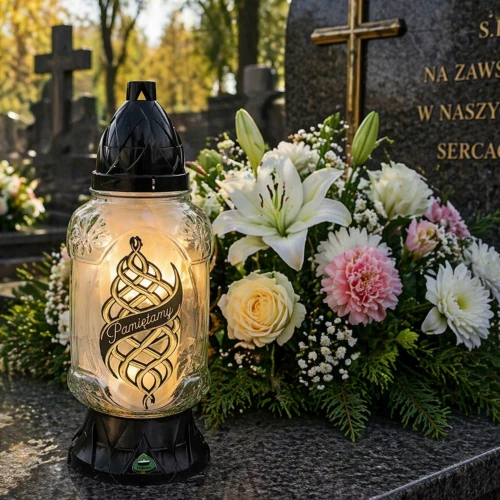 Znicz szklany Pamiętamy 30 cm czarno-złoty