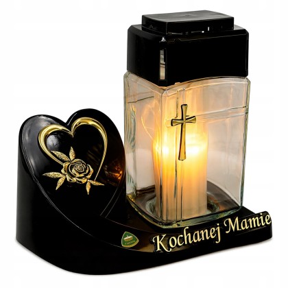 Czarno-złoty znicz szklany dla Mamy 22 cm z sercem i napisem Kochanej Mamie