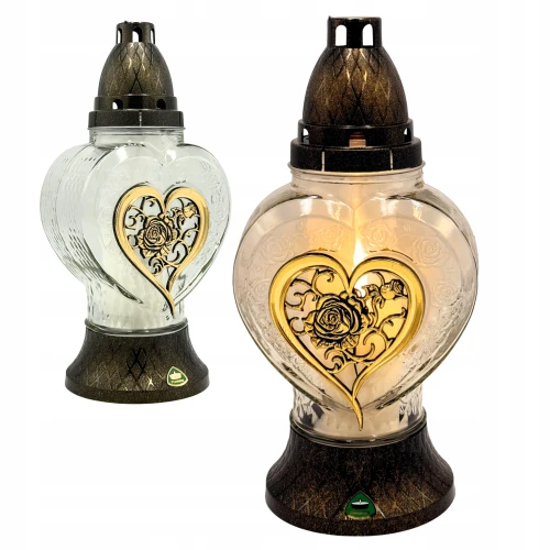 znicz w kształcie serca ze złotą aplikacją różą