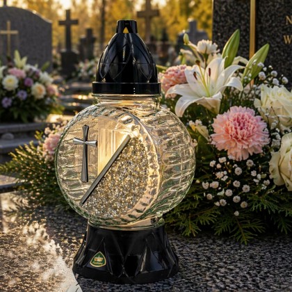 znicz okrągły z krzyzem dekoracyjne krysztalki