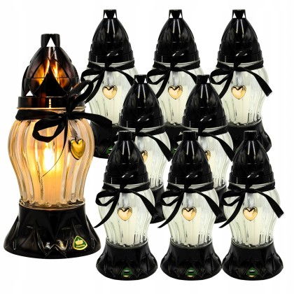 Zestaw 9 zniczy z serduszkiem i kokardą – szklane znicze na grób