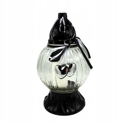 Znicz szklany kula z sercem 31 cm czarno-srebrny