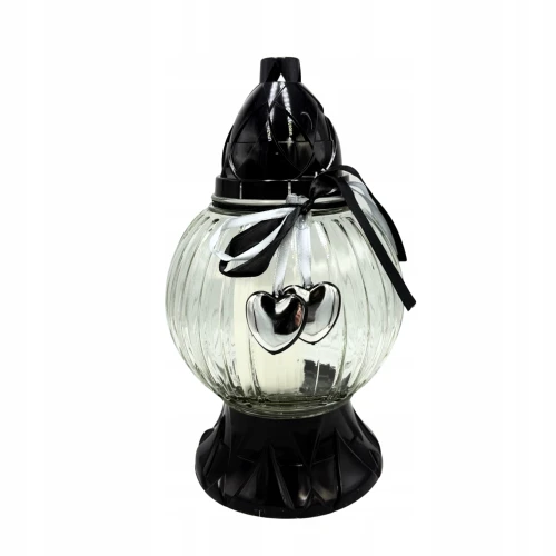 Znicz szklany kula z sercem 31 cm czarno-srebrny