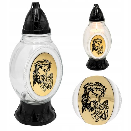 Znicz szklany z Jezusem czarno-złoty 30 cm