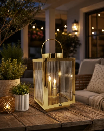 lampion solarny zloty z trzema swiecami
