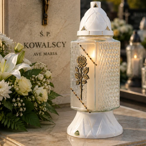 Biały znicz szklany ze złotymi cyrkoniami