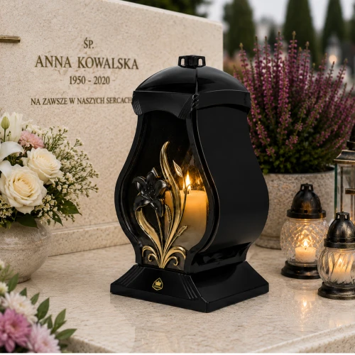 znicz 34 cm czarny lampion ze złotą lilią