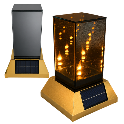 lampion solarny lustrzany z efektem płomienia 3d znicz fotowoltaiczny, przyciemniane szyby, wbudowany solar w złotą podstawę