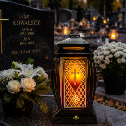 znicz ze srebrnym krzyżem kapliczka czarna witrażowa fioletowe szkło czarna ramka