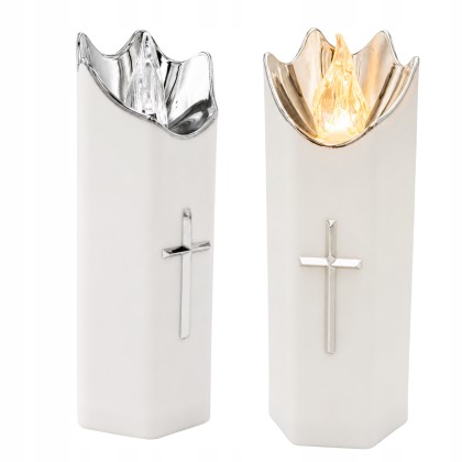 wkład led do zniczy biały ze srebrnym krzyżykiem z bateriami 15 cm