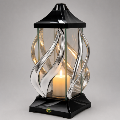 lampion ze srebrną wstęga srebrna falowana ramka szklane szyby czarna podstawa