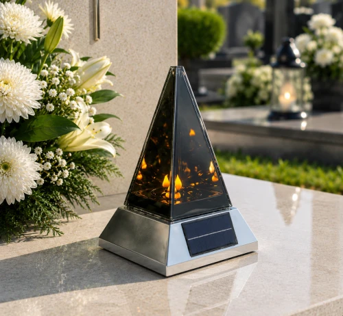 znicz fotowoltaiczny w kształcie piramidy z efektem płomienia 3d i lustra srebrna podstawa