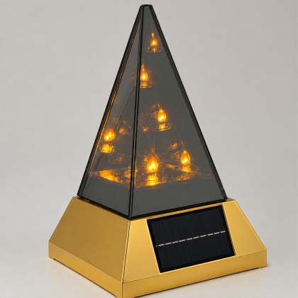 lampion solarny stożek piramida ze złotą podstawą i efektem płomienia 3D