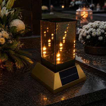 lampion solarny z efektem lustra, przyciemnianą szybą i efektem płomienia 3D