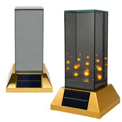 lampion solarny lustrzany z efektem płomienia 3d znicz fotowoltaiczny, przyciemniane szyby, wbudowany solar w złotą podstawę 27 cm