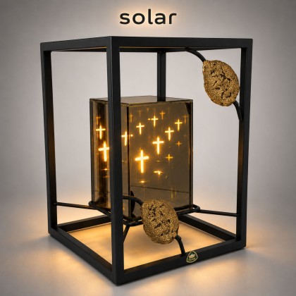 lampion solarny lustrzany w metalowej czarnej ramce z ozdobnymi złotymi liśćmi i efektem płomienia 3D