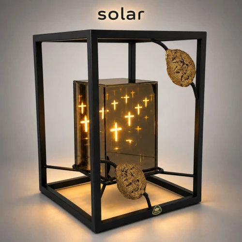 lampion solarny lustrzany w metalowej czarnej ramce z ozdobnymi złotymi liśćmi i efektem płomienia 3D