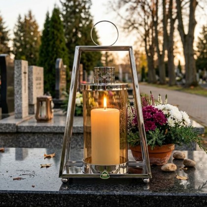 znicz srebrny metalowy latarenka ze szklaną tubą na wkład
