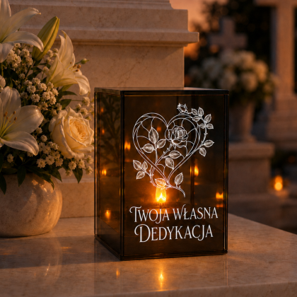 lampion solarny lustrzany personalizowany z dowolną dedykacją i efektem płomienia 3D.