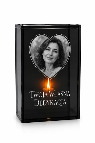 lampion ze zdjęciem bliskiej osoby oraz dedykacja na pomnik. Zdjęcie w kształcie serca