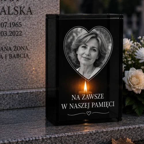 znicz ze zdjęciem bliskiej osoby oraz dedykacja na pomnik. Zdjęcie w kształcie serca