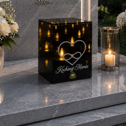 Lampion lustrzany znicz Kochanej Mamie z efektem płomienia 3D 10x10x15cm
