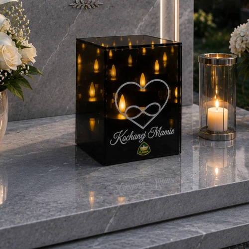 Lampion lustrzany znicz Kochanej Mamie z efektem płomienia 3D 10x10x15cm