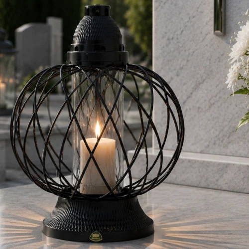 znicz kula metalowa czarna 38 cm z tubą szklaną w środku