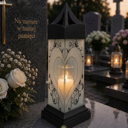 znicz z trójkątną podstawą, mleczną szybą i malunkiem serca. Czarna podstawa. wysokość 37 cm