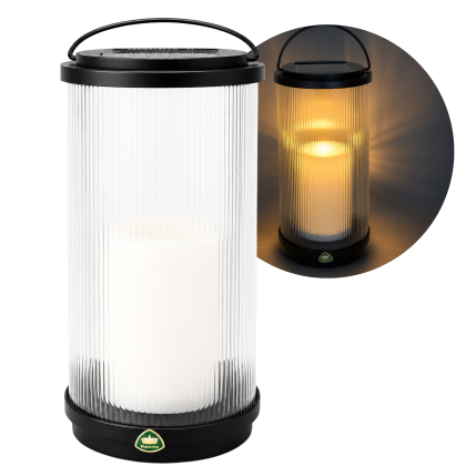 lampa solarna 25 cm, w kształcie walca z ryflowanym szkłem i rączka.