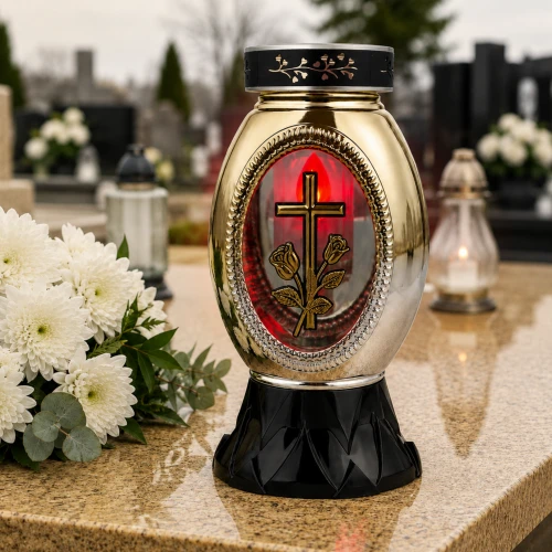znicz solarny owalny złoty z czerwonym światłem 25 cm szklany