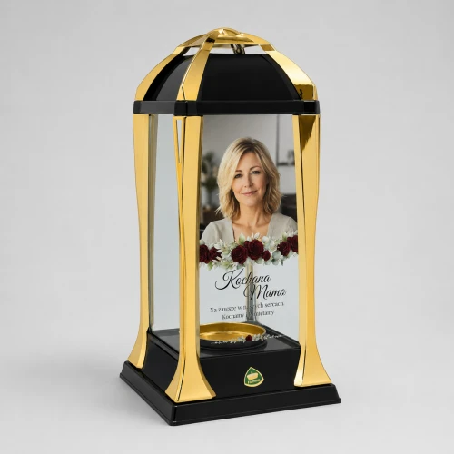 Personalizowany lampion solarny ze zdjęciem i dedykacją czarno-złoty 31 cm