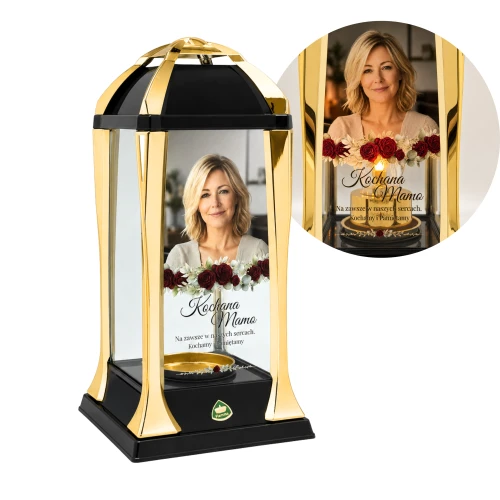 Personalizowany lampion solarny ze zdjęciem i dedykacją czarno-złoty 31 cm