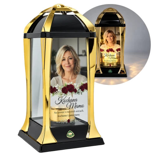 Personalizowany lampion solarny ze zdjęciem i dedykacją czarno-złoty 31 cm