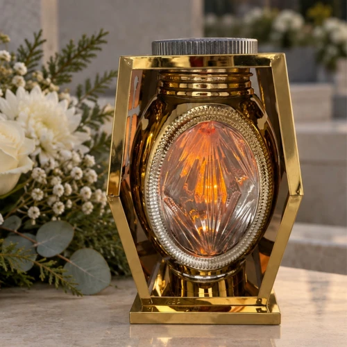 Znicz solarny złoty 36 cm metalowy ze szklanym środkiem LED