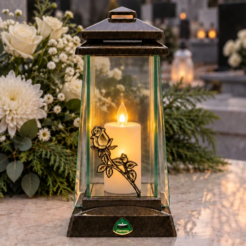 Zestaw 6 latarni nagrobnych 25,5 cm szklanych z różą na wkład