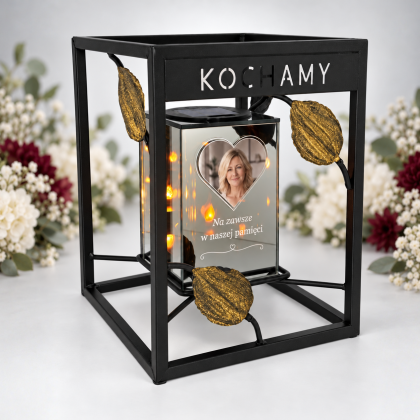 Ramka sześcian KOCHAMY 26 cm z personalizowaną kostką lustrzaną solarną płomień LED