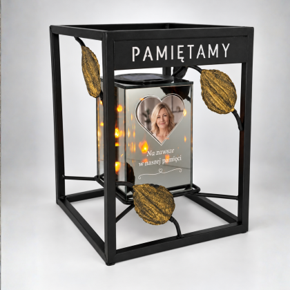 Ramka na grób PAMIĘTAMY 20 × 20 × 26 cm + znicz personalizowany ze zdjęciem i dedykacją