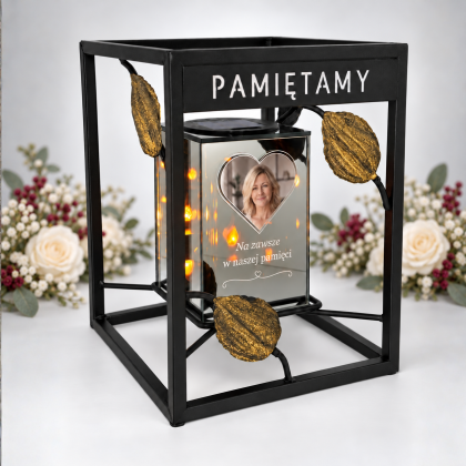Ramka na grób PAMIĘTAMY 20 × 20 × 26 cm + znicz personalizowany ze zdjęciem i dedykacją